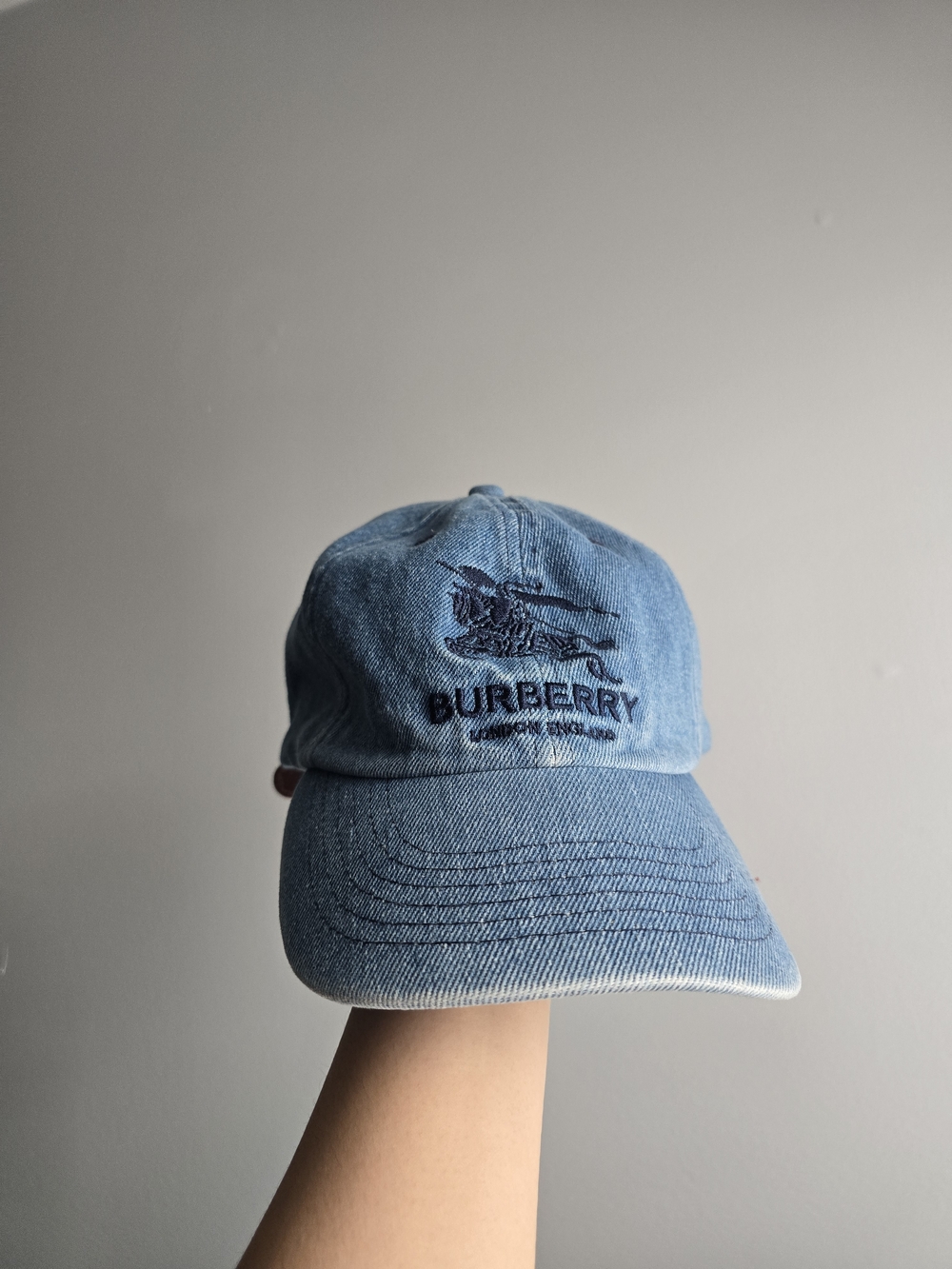 Burberry Denim Cap with Tan Branded Patch and Red Tag